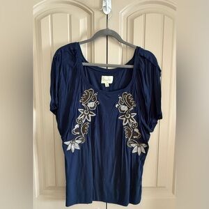 Anthropologie Deletta Bohemian Short Sleeve Navy Top with Embroidered Flowers